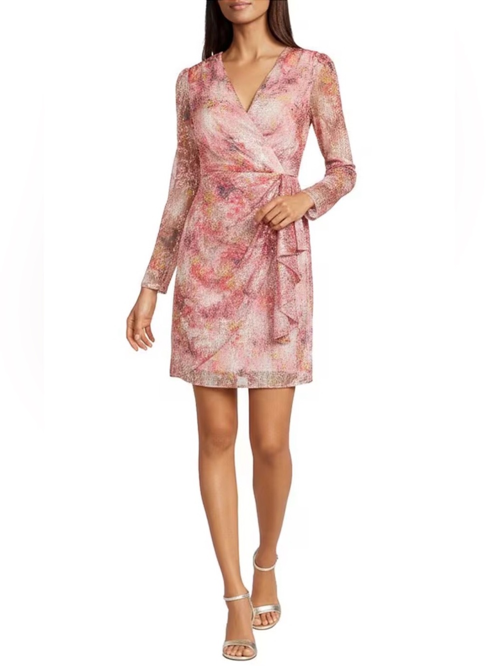 Adrianna Papell Blush Multi Printed Metallic CrinkleAccent Dress size 16